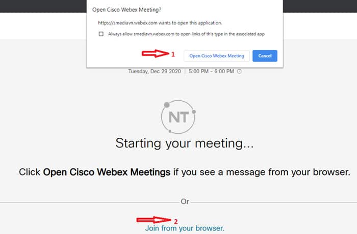 Cách tham gia vào cuộc họp webex trên trình duyệt web 