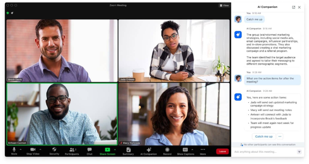 AI Companion có thể cung cấp bản tóm tắt và xác định hạng mục hành động từ cuộc họp đang diễn ra