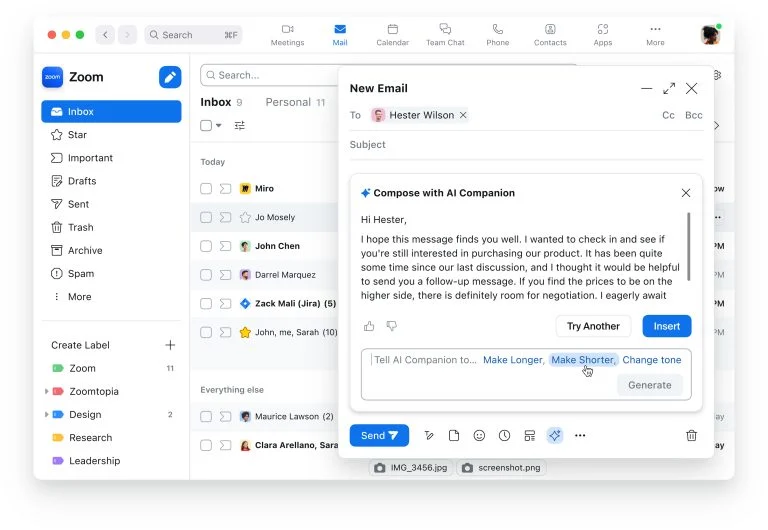 AI Companion có thể giúp bạn soạn thư email trong Zoom Mail
