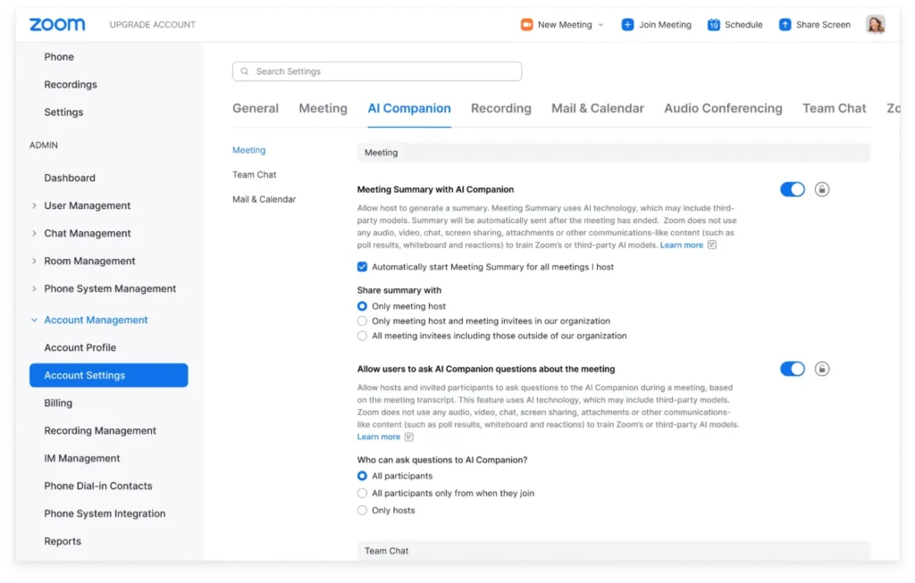 Bật, tắt tính năng của trợ lý AI trên Zoom tại thẻ AI Companion