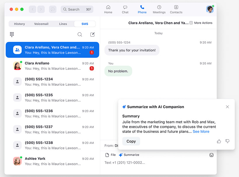 Dùng Zoom AI companion để tóm tắt chuỗi sms