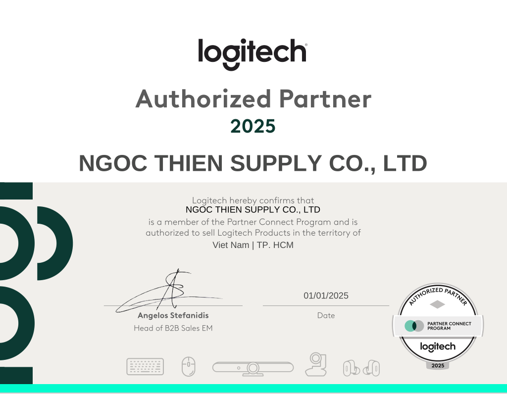 Giấy chứng nhận Ngọc Thiên là đối tác ủy quyền của Logitech tại Việt Nam