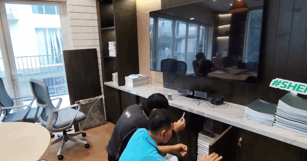 Kỹ thuật Ngọc Thiên lắp đặt thực tế camera hội nghị Logitech Meetup cho văn phòng vật liệu xây dựng tại HCM