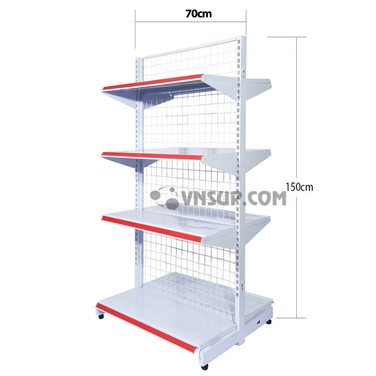 Kệ siêu thị đôi 4 tầng rộng 0.7m x cao 1.5m dày 0.6 Chiều cao kệ 1,5m Chiều dài mâm tầng 0.7m Độ rộng mâm đấy 45cm Độ rộng mâm tầng 35cm 8 tầng 2 bên