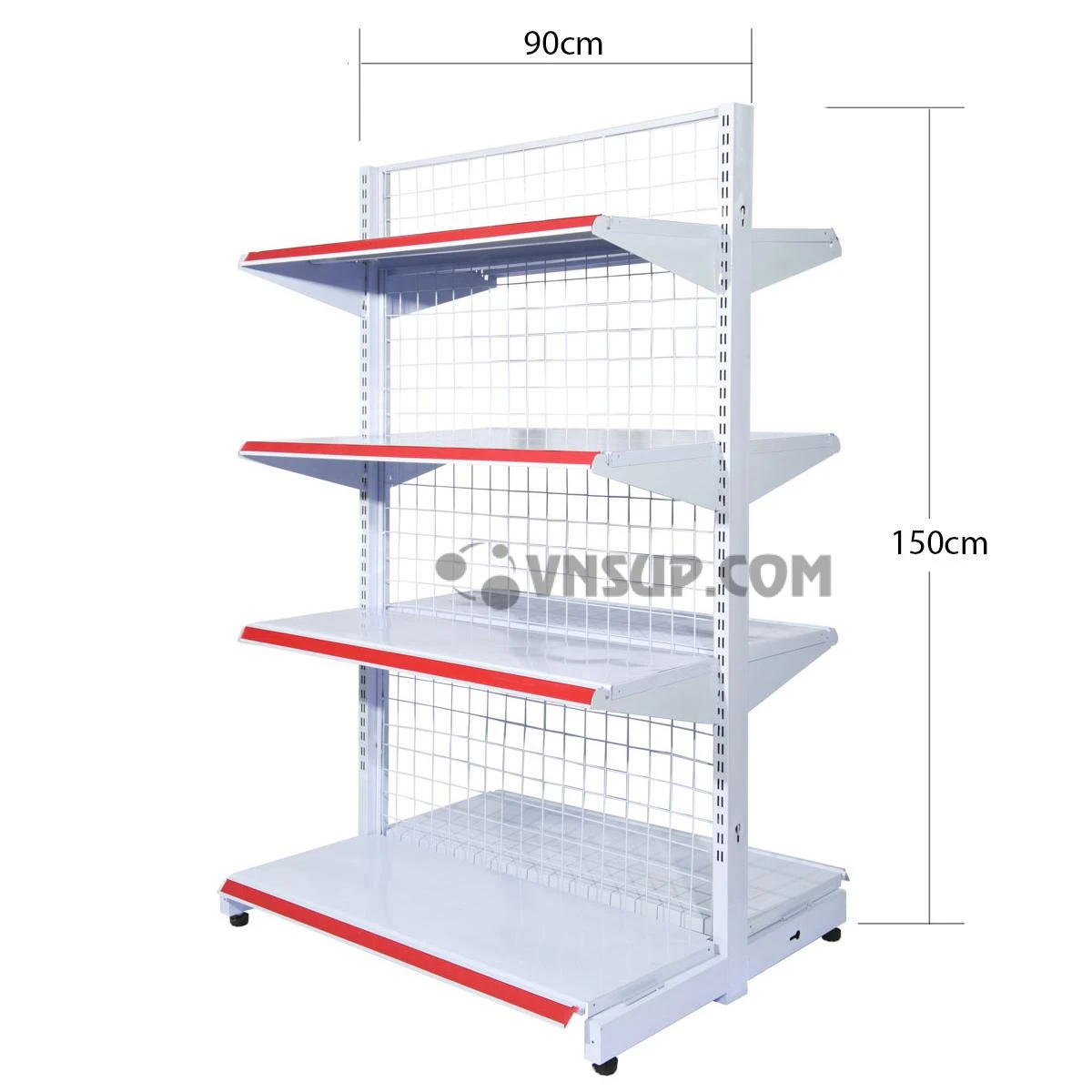 Kệ siêu thị đôi 4 tầng rộng 0.9m x cao 1.5m dày 0.6 Chiều cao kệ 1,5m Chiều dài mâm tầng 0.9m Độ rộng mâm đấy 45cm Độ rộng mâm tầng 35cm 8 tầng 2 bên