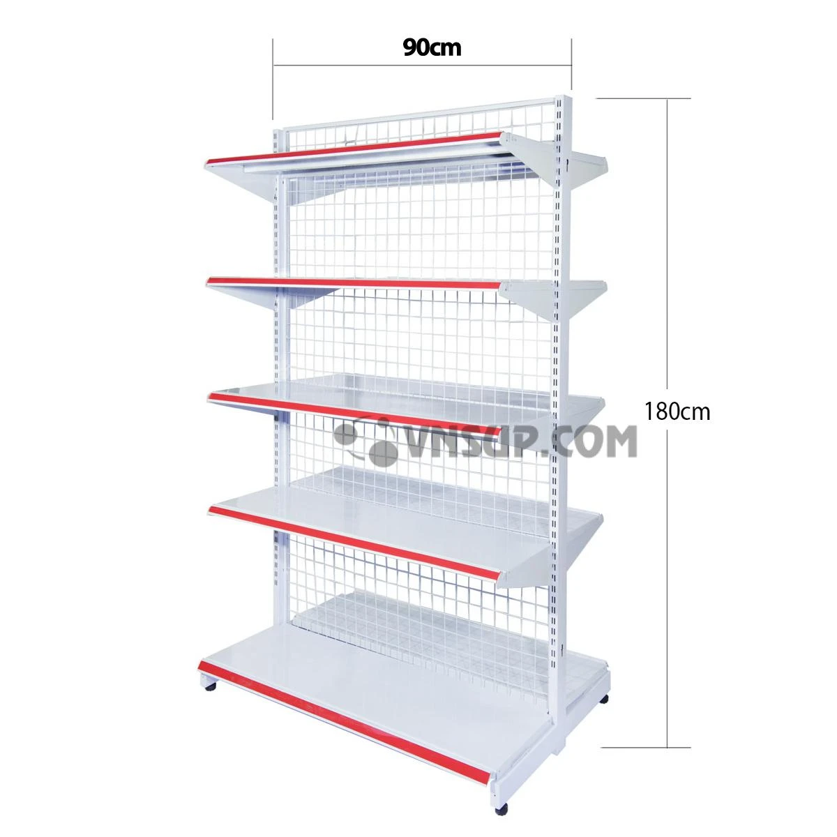 Kệ siêu thị đôi 5 tầng rộng 0.9m x cao 1.8m dày 0.6 Chiều cao kệ 1,8m Chiều dài mâm tầng 0.9m Độ rộng mâm đấy 45cm Độ rộng mâm tầng 35cm 10 tầng 2 bên