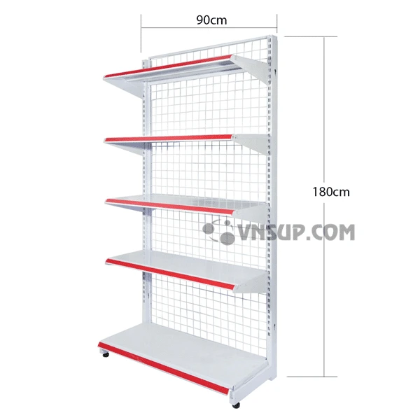 KỆ SIÊU THỊ ĐƠN 5 TẦNG 0.9M X 1.8M, Đơn giá trên kệ độc lập gồm 2 chân trụ. Chân trụ kệ sử dụng thép hộp (30x60x1.2)mm. Tay đỡ được sử dụng thép dày 2.0mm. Ô lưới vuông (50×50)mm, lưới Φ3.8mm. Mâm tole dày 0.6mm.