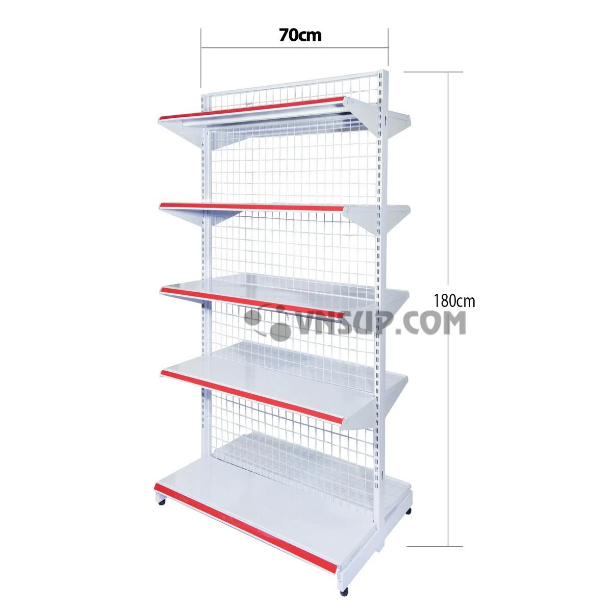 Kệ siêu thị đôi 5 tầng rộng 0.7m x cao 1.8m dày 0.6 Chiều cao kệ 1,8m Chiều dài mâm tầng 0.7m Độ rộng mâm đấy 45cm Độ rộng mâm tầng 35cm 10 tầng 2 bên