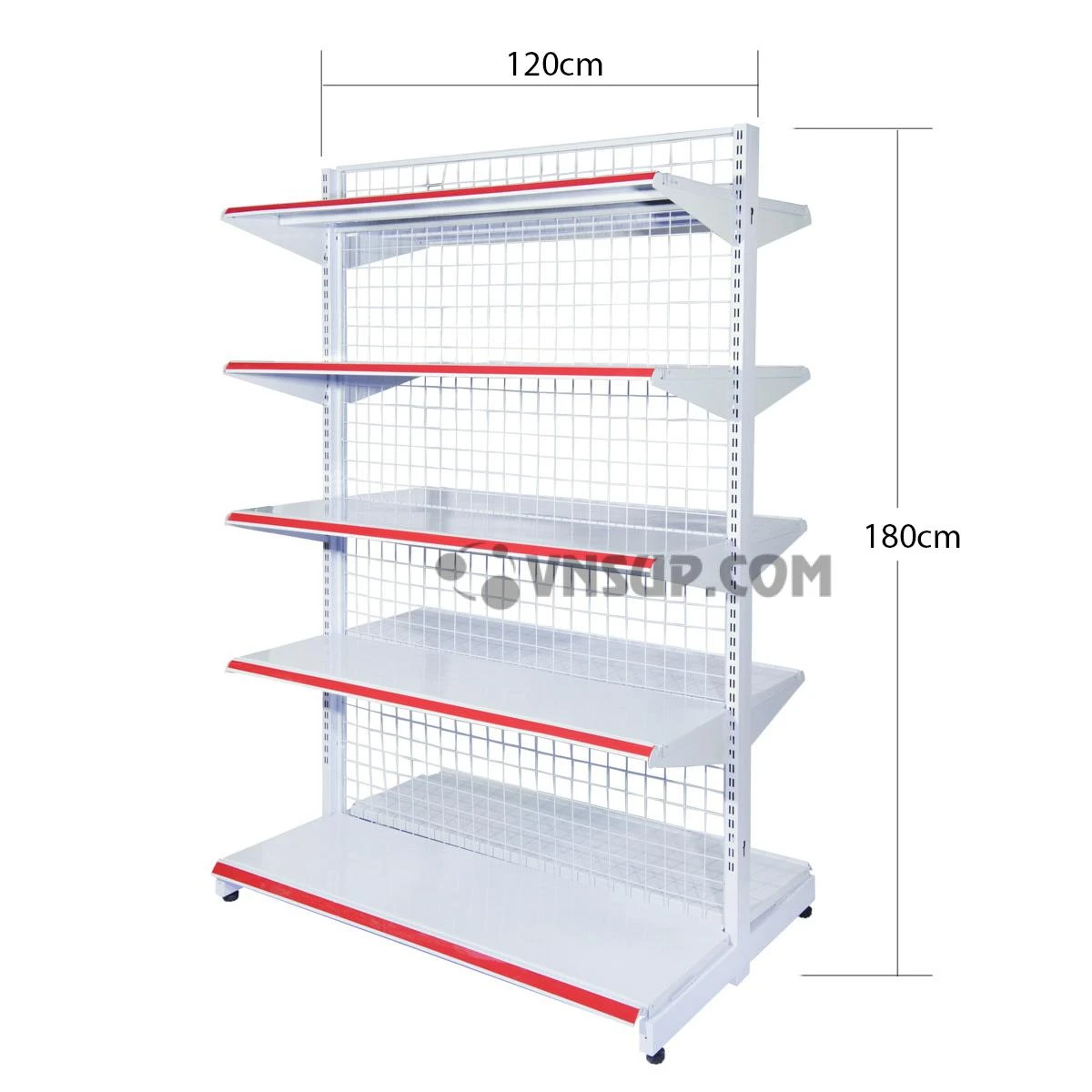 Kệ siêu thị đôi 5 tầng rộng 1.2m x cao 1.8m dày 0.6 Chiều cao kệ 1,8m Chiều dài mâm tầng 1.2m Độ rộng mâm đấy 45cm Độ rộng mâm tầng 35cm 10 tầng 2 bên
