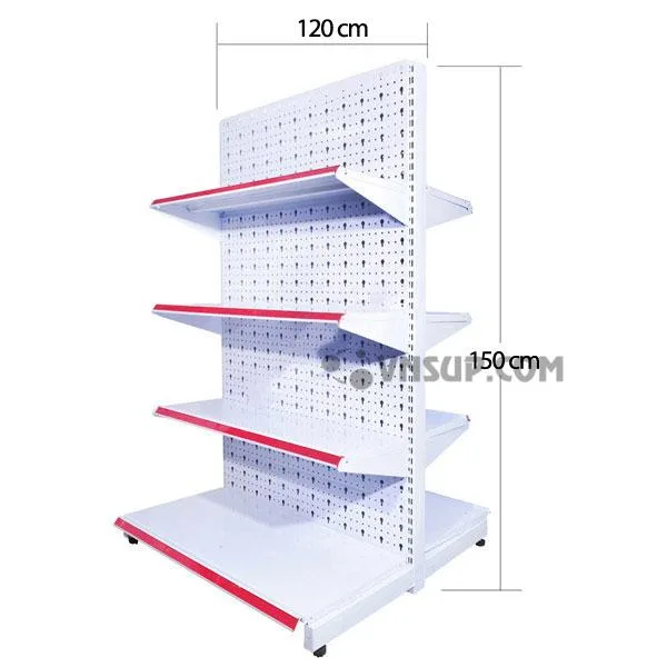 Kệ siêu thị tôn đục lỗ 1.2m x 1.5m Chiều cao kệ: 1.5 – 1,5m Trọng lượng kệ : 12kg/ bộ Mặt đáy : D120cm x R38cm Mặt tầng : D120cm x R33cm