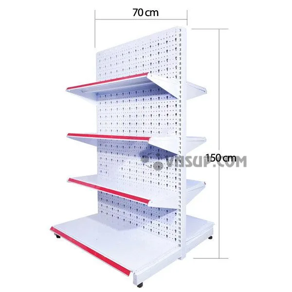 Kệ siêu thị tôn đục lỗ 0.7m x 1.5m Chiều cao kệ: 1.5 – 1,5m Trọng lượng kệ : 12kg/ bộ Mặt đáy : D70cm x R38cm Mặt tầng : D70cm x R33cm