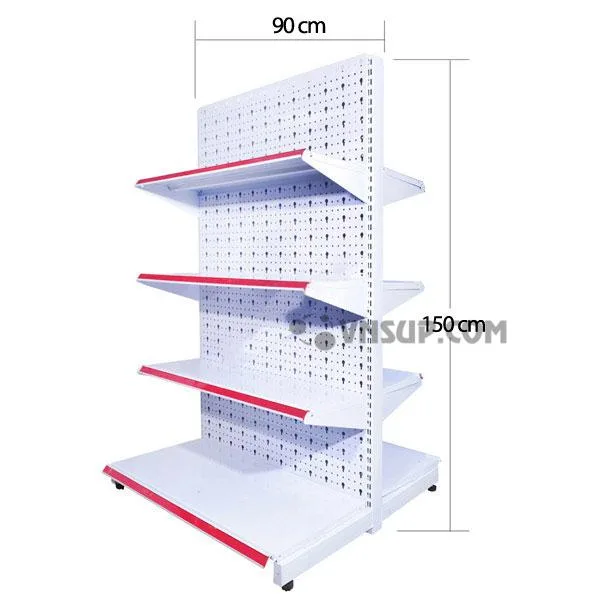 Kệ siêu thị tôn đục lỗ 0.9m x 1.5m Chiều cao kệ: 1.5 – 1,5m Trọng lượng kệ : 12kg/ bộ Mặt đáy : D90cm x R38cm Mặt tầng : D90cm x R33cm