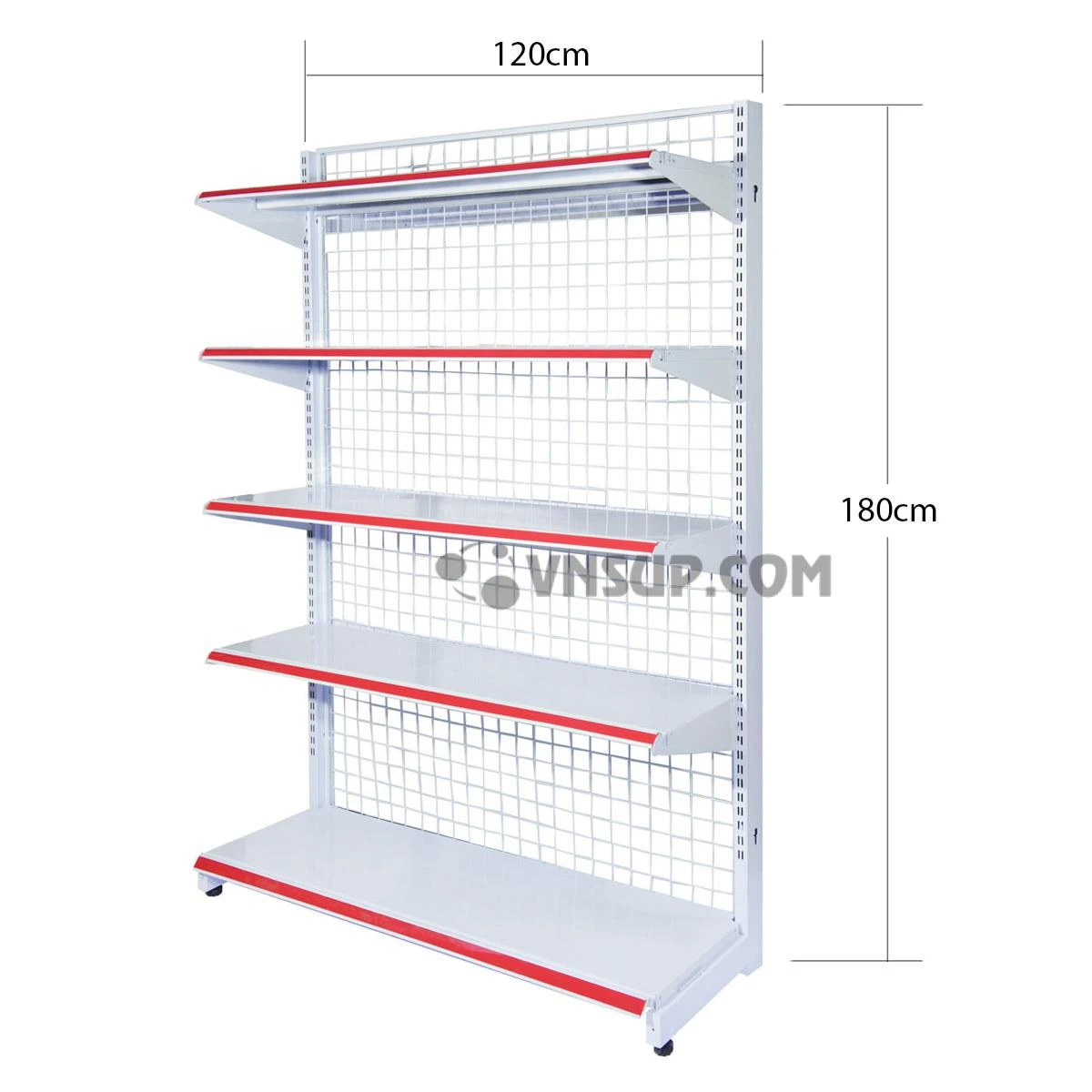 KỆ SIÊU THỊ ĐƠN 5 TẦNG 1.2M X 1.8M, Đơn giá trên kệ độc lập gồm 2 chân trụ. Chân trụ kệ sử dụng thép hộp (30x60x1.2)mm. Tay đỡ được sử dụng thép dày 2.0mm. Ô lưới vuông (50×50)mm, lưới Φ3.8mm. Mâm tole dày 0.6mm.