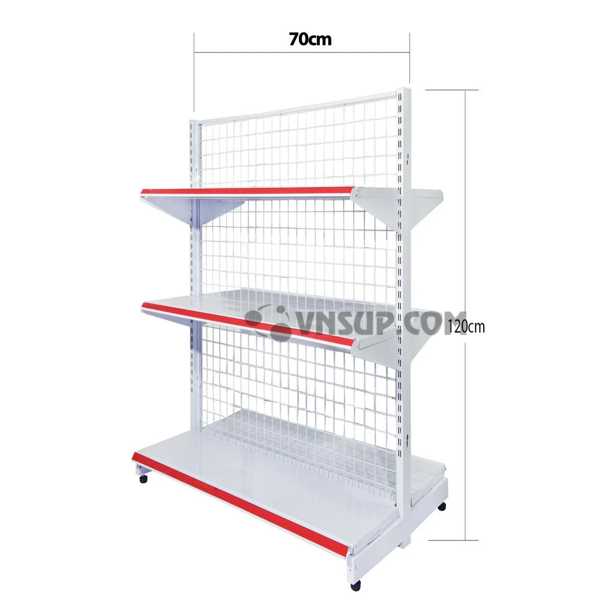 Kệ siêu thị đôi 3 tầng rộng 0.7m x cao 1.2m – dày 0.6 Chiều cao kệ: 1,2m Chiều dài mâm tầng 0.9mĐộ rộng mâm đấy 45cm. Độ rộng mâm tầng 35cm.