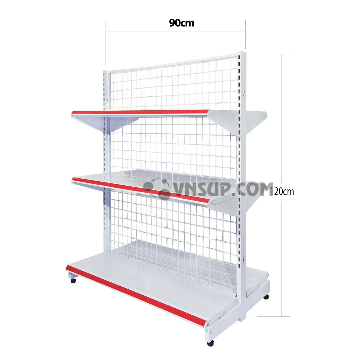 Kệ siêu thị đôi 3 tầng rộng 0.9m x cao 1.2m – dày 0.6 Chiều cao kệ: 1,2m Chiều dài mâm tầng 0.9m Độ rộng mâm đấy 45cm Độ rộng mâm tầng 35cm