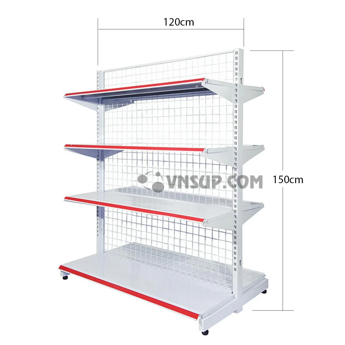 Kệ siêu thị đôi 4 tầng rộng 1.2m x cao 1.5m dày 0.6 Chiều cao kệ 1,5m Chiều dài mâm tầng 1.2m Độ rộng mâm đấy 45cm Độ rộng mâm tầng 35cm 8 tầng 2 bên