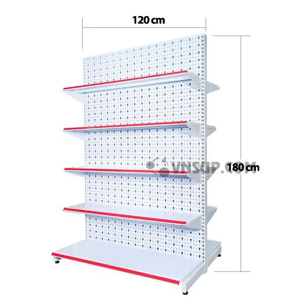 Kệ siêu thị tôn đục lỗ 1.2m x 1.8m Chiều cao kệ: 1.8 – 1,8m Trọng lượng kệ : 12kg/ bộ Mặt đáy : D120cm x R38cm Mặt tầng : D120cm x R33cm