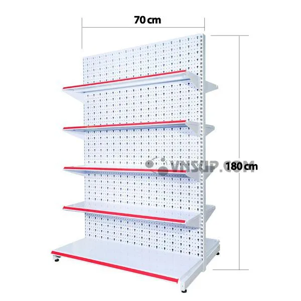 Kệ siêu thị tôn đục lỗ 0.7m x 1.8m Chiều cao kệ: 1.8 – 1,8m Trọng lượng kệ : 12kg/ bộ Mặt đáy : D70cm x R38cm Mặt tầng : D70cm x R33cm