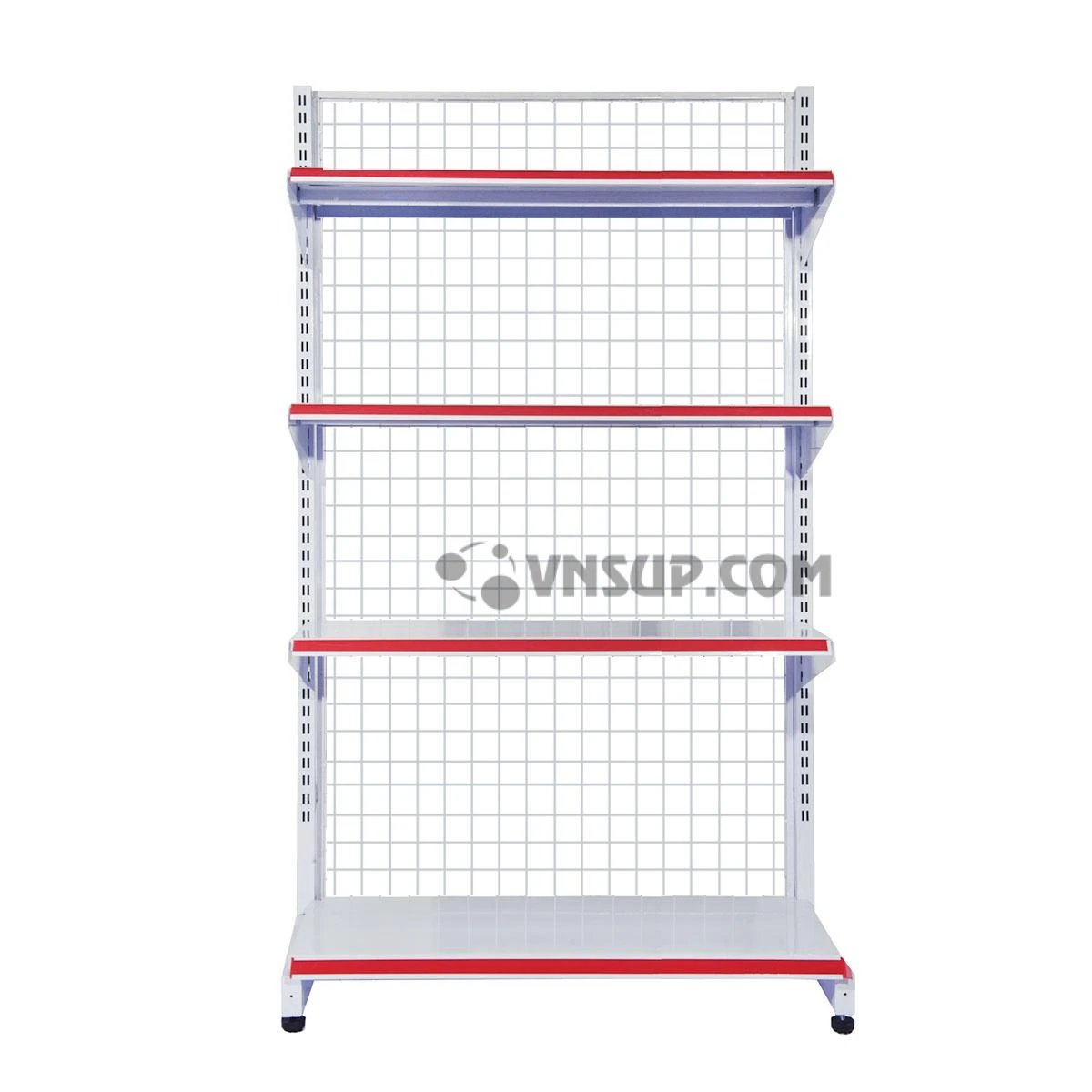 KỆ SIÊU THỊ ĐƠN 5 TẦNG 0.7M X 1.8M, Đơn giá trên kệ độc lập gồm 2 chân trụ. Chân trụ kệ sử dụng thép hộp (30x60x1.2)mm. Tay đỡ được sử dụng thép dày 2.0mm. Ô lưới vuông (50×50)mm, lưới Φ3.8mm. Mâm tole dày 0.6mm.