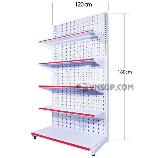 Kệ siêu thị tôn đục lỗ 1.2m x 1.8m Chiều cao kệ: 1,8m Trọng lượng kệ : 12kg/ bộ Mặt đáy : D120cm x R38cm Mặt tầng : D120cm x R33cm, Chịu lực 75kg-90kg