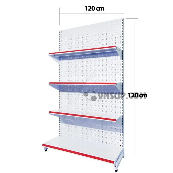 Kệ siêu thị tôn đục lỗ 1.2m x 1.2m Chiều cao kệ: 1.2 – 1,2m Trọng lượng kệ : 12kg/ bộ Mặt đáy : D90cm x R38cm Mặt tầng : D90cm x R33cm, Chịu lực 75kg-90kg
