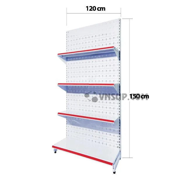 Kệ siêu thị tôn đục lỗ 1.2m x 1.5m Chiều cao kệ: 1.2 – 1,5m Trọng lượng kệ : 12kg/ bộ Mặt đáy : D120cm x R38cm Mặt tầng : D120cm x R33cm, Chịu lực 75kg-90kg