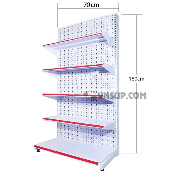 Kệ siêu thị tôn đục lỗ 0.7m x 1.8m Chiều cao kệ: 1,8m Trọng lượng kệ : 12kg/ bộ Mặt đáy : D70cm x R38cm Mặt tầng : D70cm x R33cm, Chịu lực 75kg-90kg