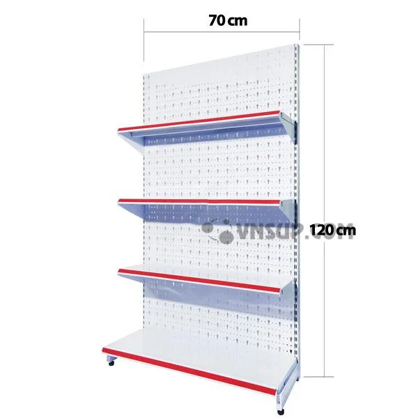 Kệ siêu thị tôn đục lỗ 0.7m x 1.2mChiều cao kệ: 0.7 – 1,2mTrọng lượng kệ : 12kg/ bộMặt đáy : D70cm x R38cmMặt tầng : D70cm x R33cm, Chịu lực 75kg đến 90kg