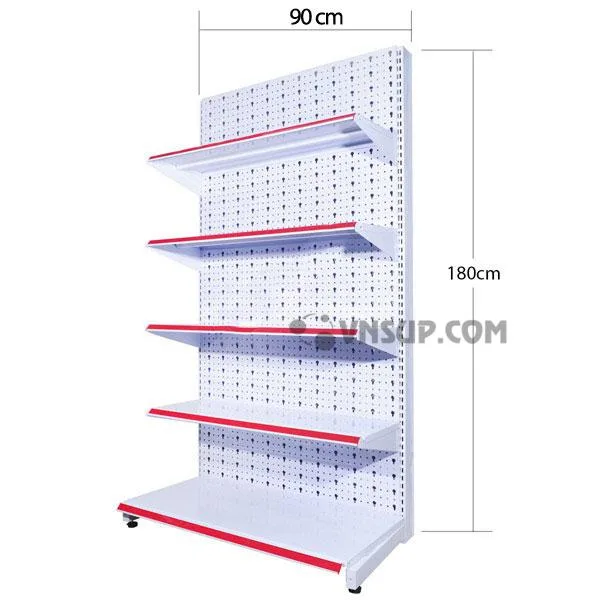 Kệ siêu thị tôn đục lỗ 0.9m x 1.8m Chiều cao kệ: 1,8m Trọng lượng kệ : 12kg/ bộ Mặt đáy : D90cm x R38cm Mặt tầng : D90cm x R33cm, Chịu lực 75kg-90kg