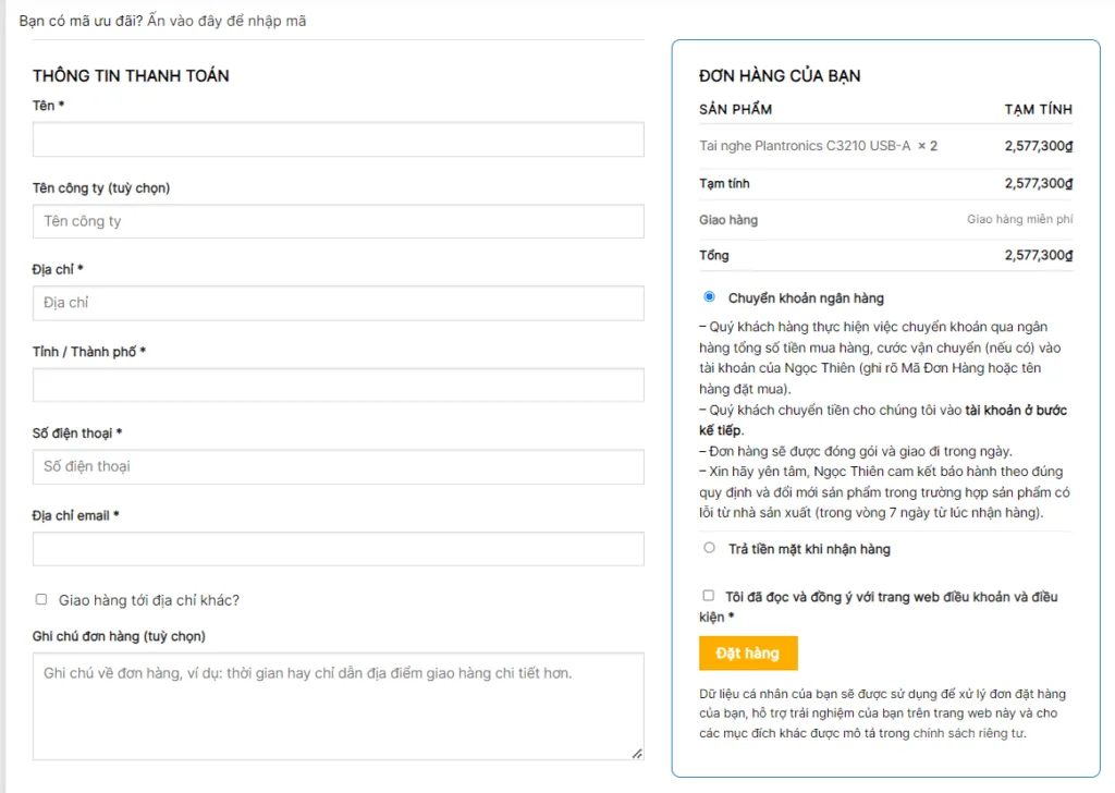 Nhập thông tin thanh toán khi mua hàng trực tiếp trên website của Ngọc Thiên