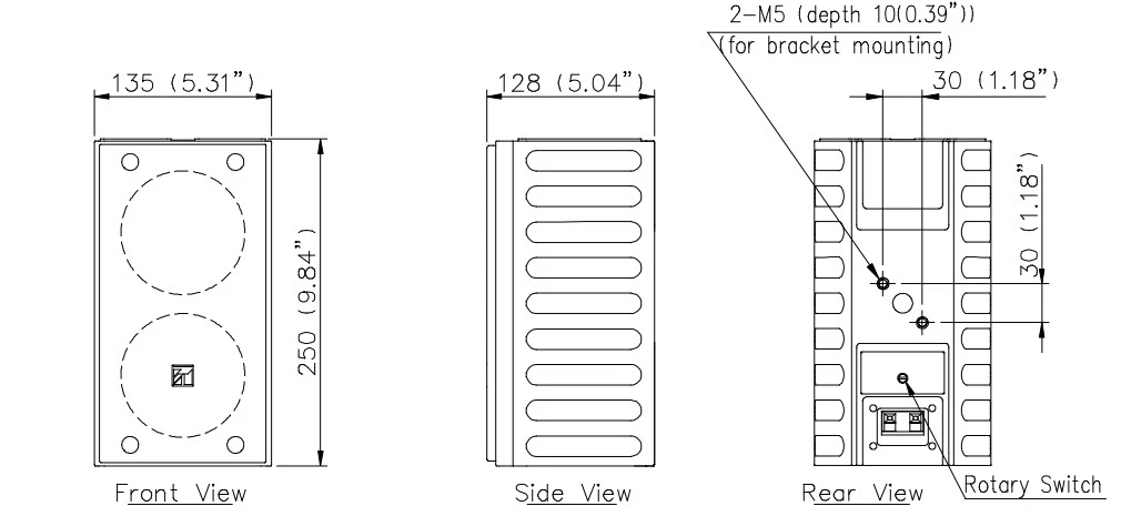 mặt trước, mặt sau và mặt bên của loa tz-206bwp
