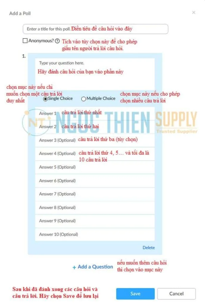 Hướng dẫn để thêm câu hỏi hoặc thăm dò ý kiến người tham dự