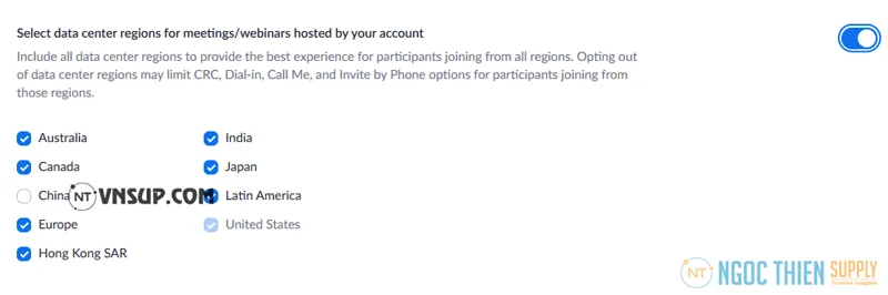 Select data center regions for meetings/webinars hosted by your account