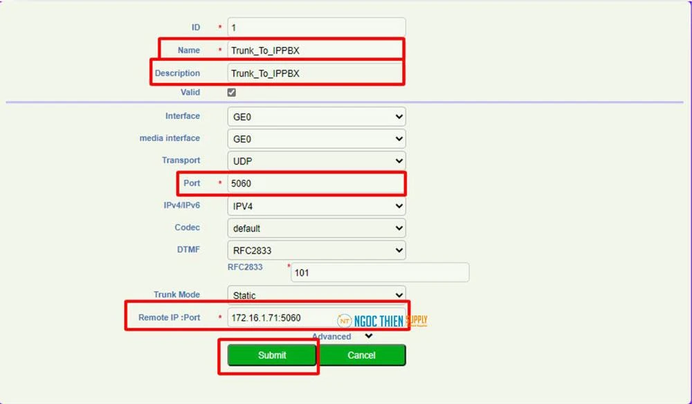 Bảng thông báo Add Core SIP Trunk thêm các thông số sau