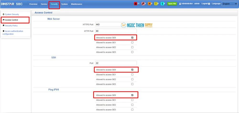 Chọn Security => Access Control, bật allow Web Server, SSH, Ping IPV4 cho cổng GE0