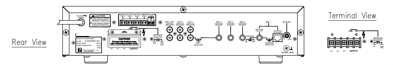 mặt sau Mixer TOA A-3224DMZ với MP3, 5 vùng 240W