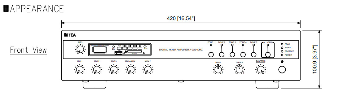 mặt trước Mixer TOA A-3224DMZ với MP3, 5 vùng 240W
