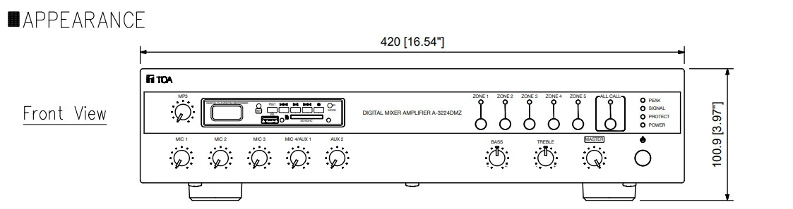 mặt trước Mixer TOA A-3224DMZ với MP3, 5 vùng 240W