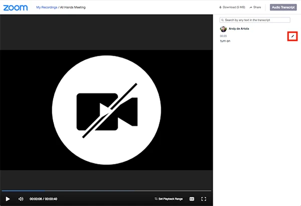 Điều hướng đến bảng Bản ghi âm ở bên phải và nhấp vào biểu tượng bút chì bên cạnh cụm từ bạn muốn chỉnh sửa.