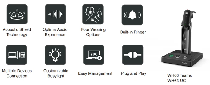 Yealink WH63 là tai nghe không dây DECT chuyển đổi cao cấp, nằm trong series sản phẩm mới WH6X của Yealink