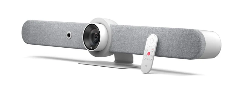 Logitech Rally Bar màu trắng và remote