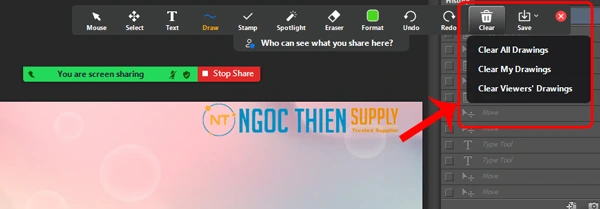 Thanh công cụ vẽ, ghi chú thích xuất hiện, chọn Clear