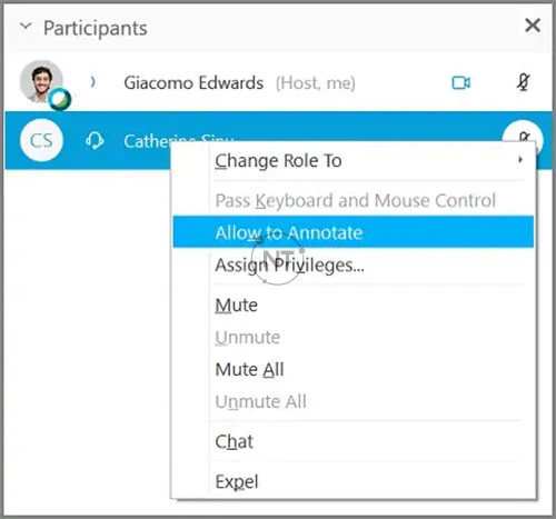 Để cho phép một người tham gia cụ thể nào đó ghi chú thích, trong danh sách Participants, bấm chuột phải vào tên người đó và chọn Allow to Annotate.