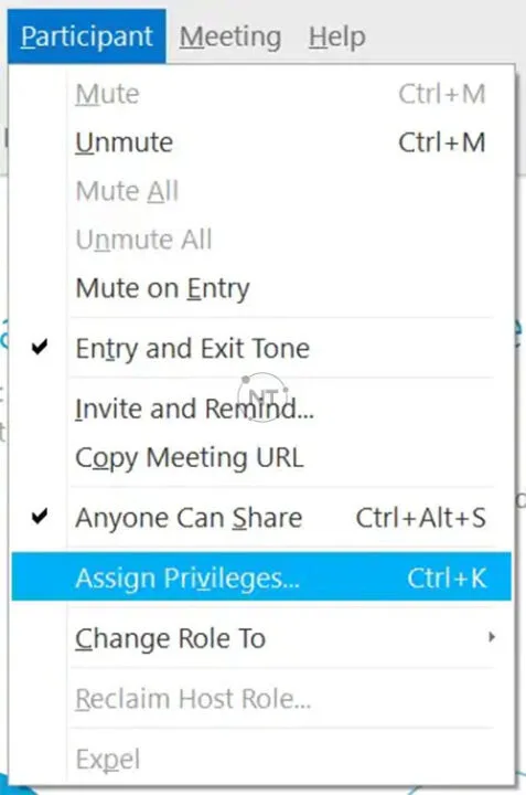 Để cho phép tất cả những người tham gia ghi chú thích nội dung, trong cuộc họp, sự kiện hoặc buổi đào tạo, trên menu Participant, hãy chọn Assign Privileges, chọn Participants và chọn Annotate.