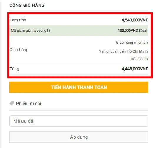 iểm tra lại đơn hàng (2) Nhập mã giảm giá vào ô " MÃ ƯU ĐÃI " và nhấp vào nút " ÁP DỤNG " (3) Kiểm tra mã giảm giá đã được áp dụng thành công chưa. Tiếp theo nhập địa chỉ giao hàng nếu bạn cần đổi địa chỉ giao hàng nhấp vào Đổi địa chỉ