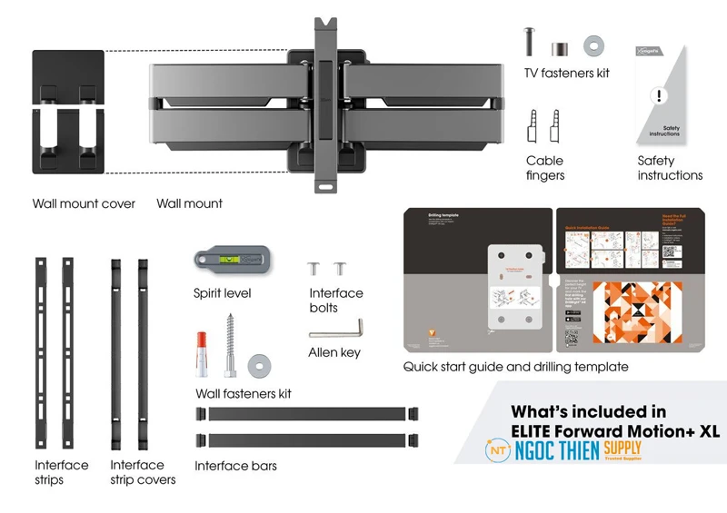 Hộp sản phẩm Vogel's TVM 5855 Full-Motion TV Wall Mount bao gồm các thành phần sau: