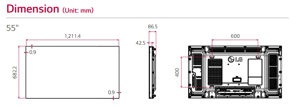 Kích thước 3 chiều của 55VM5E-A