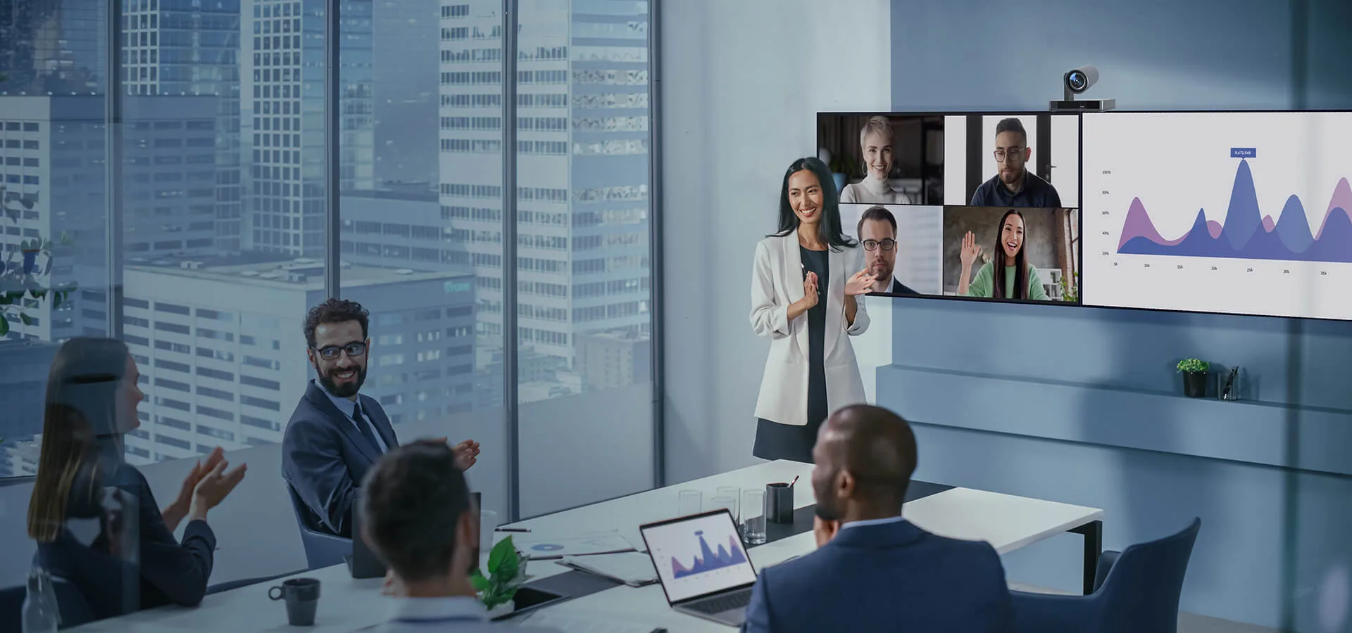 Yealink Meeteye 500 trình bày đồng thời các nội dung khác nhau trên hai màn hình và chọn bố cục hiển thị theo ý muốn