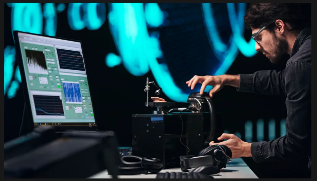 Một người đàn ông đang kiểm tra tai nghe