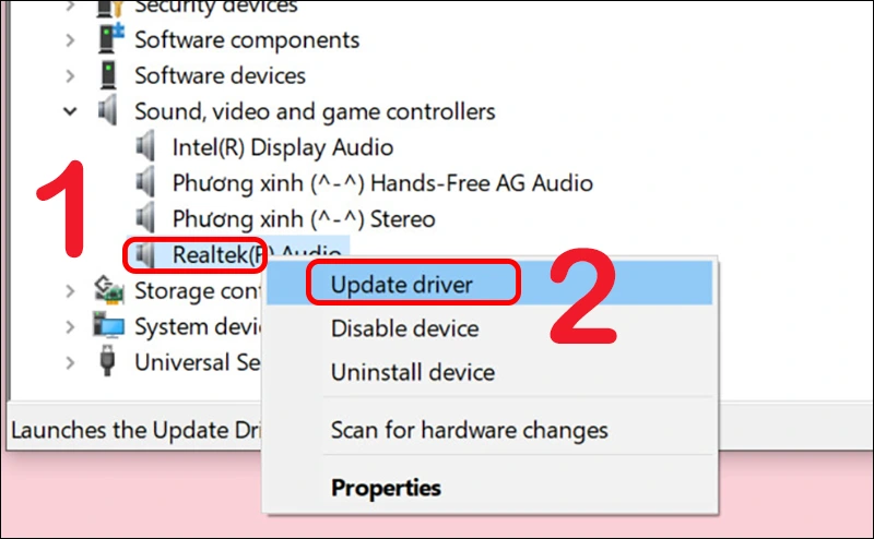 Chọn Update driver để cập nhật